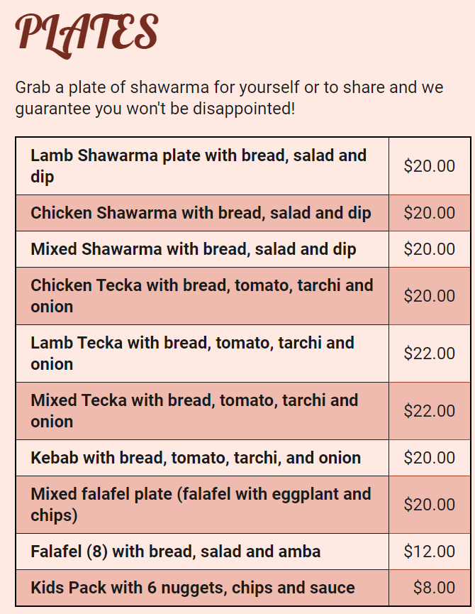 Menu, Samoon Iraqi Bakery and Kebab