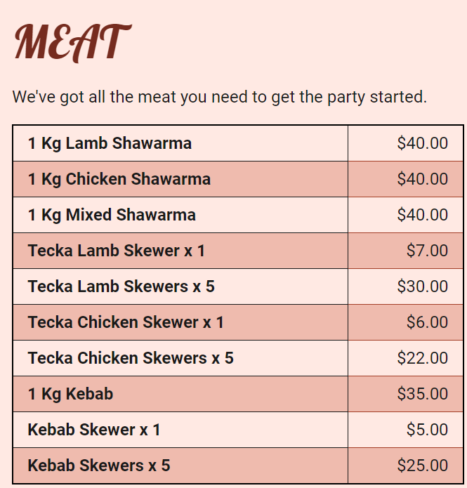Menu, Samoon Iraqi Bakery and Kebab