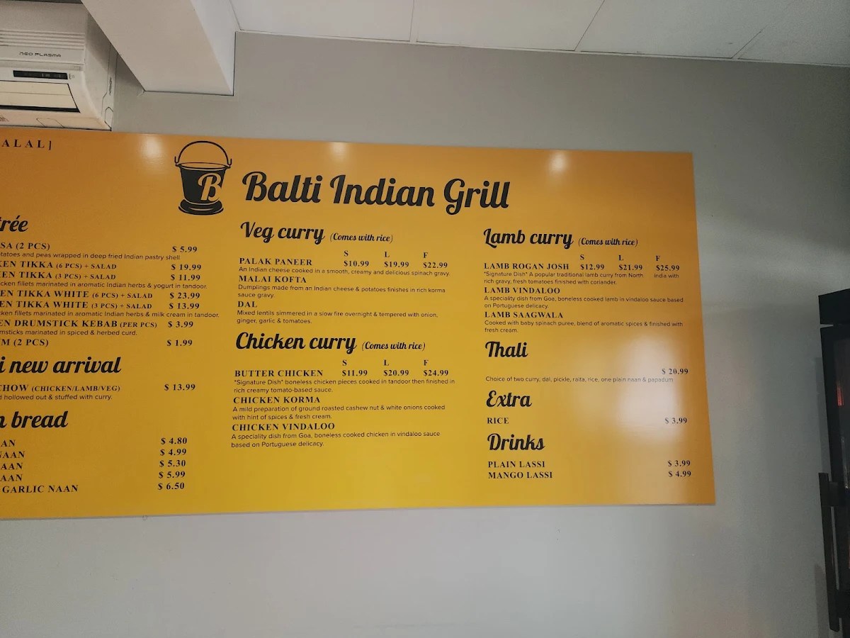 Menu, Balti Indian Grill