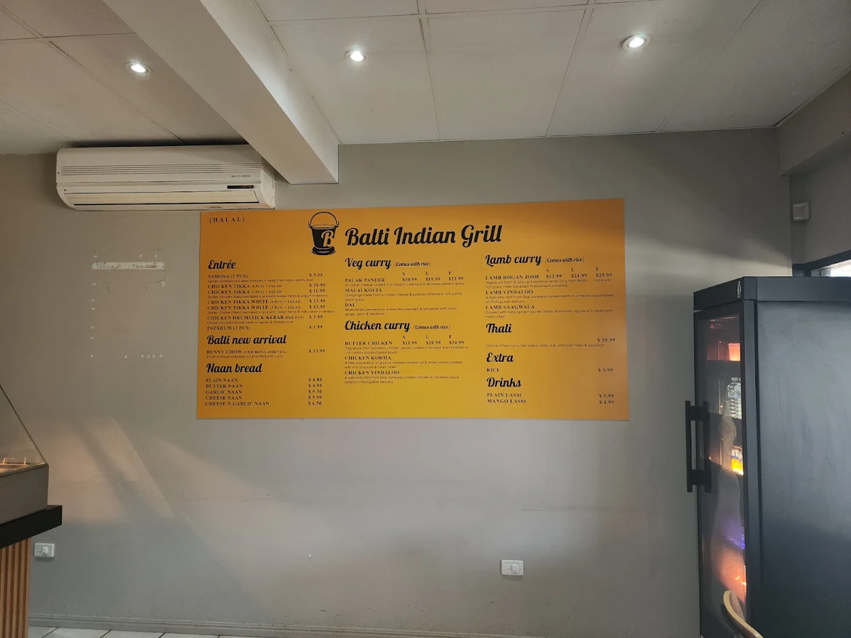 Menu, Balti Indian Grill