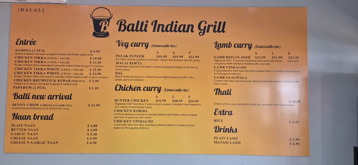 Menu, Balti Indian Grill