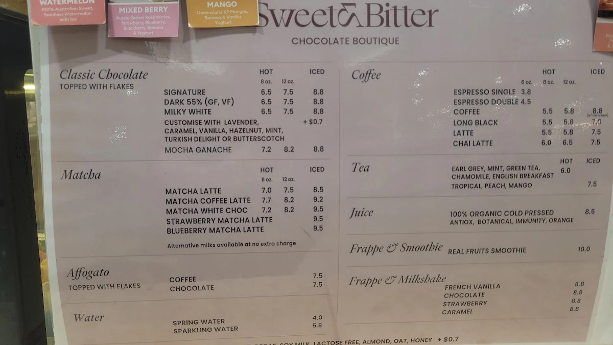 Menu, Sweet & Bitter Co.