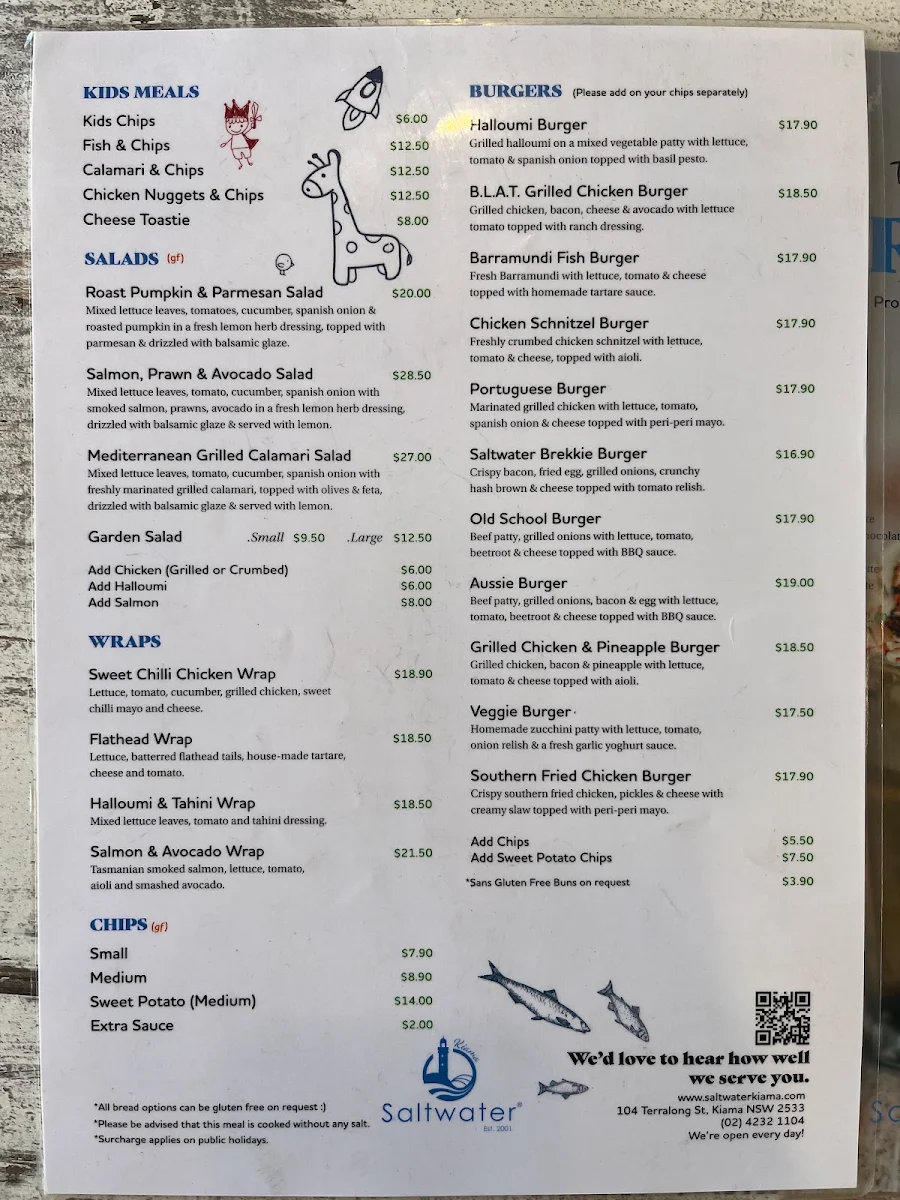 Menu, Saltwater Cafe