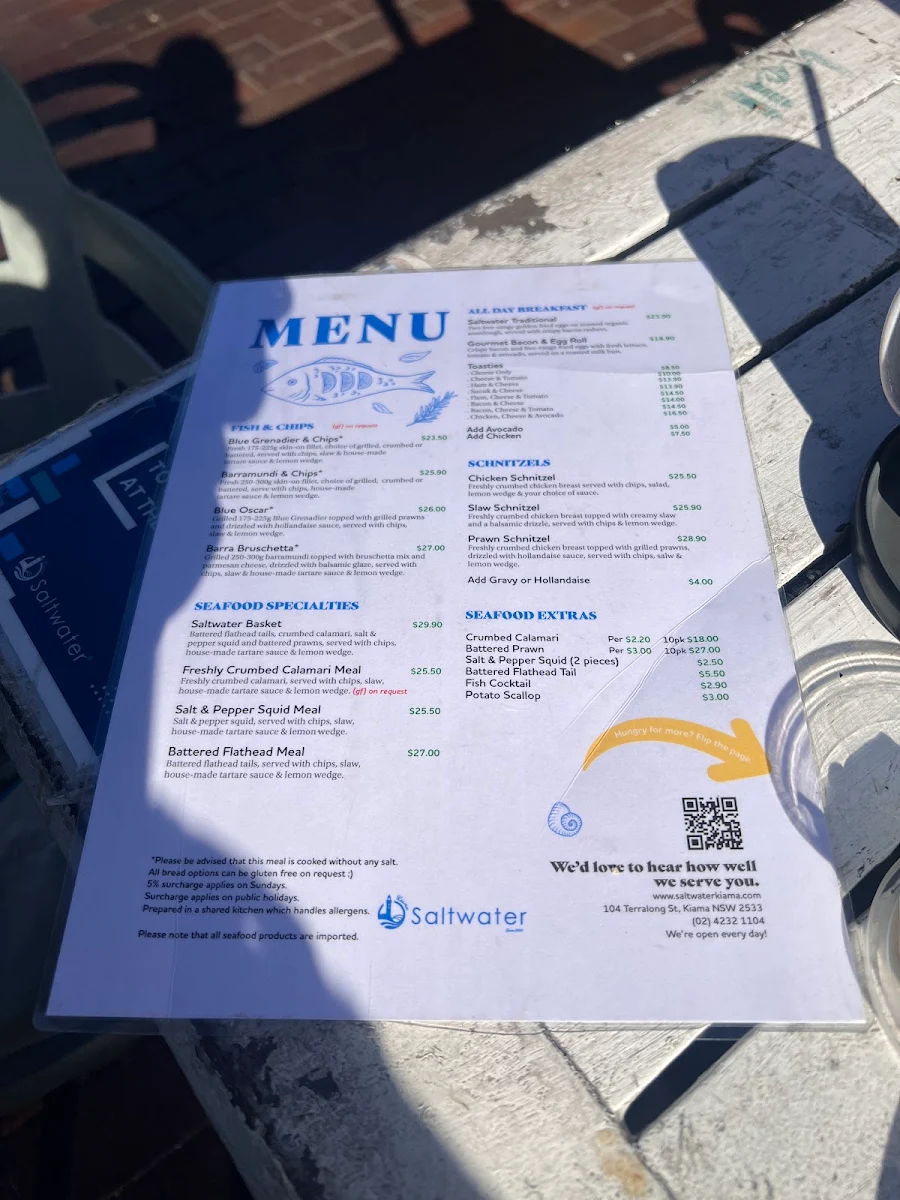 Menu, Saltwater Cafe