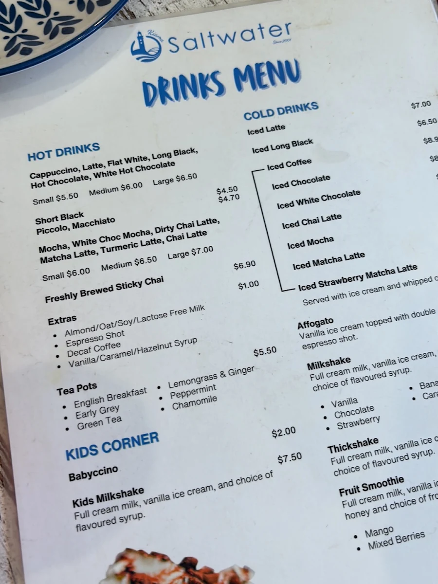 Menu, Saltwater Cafe