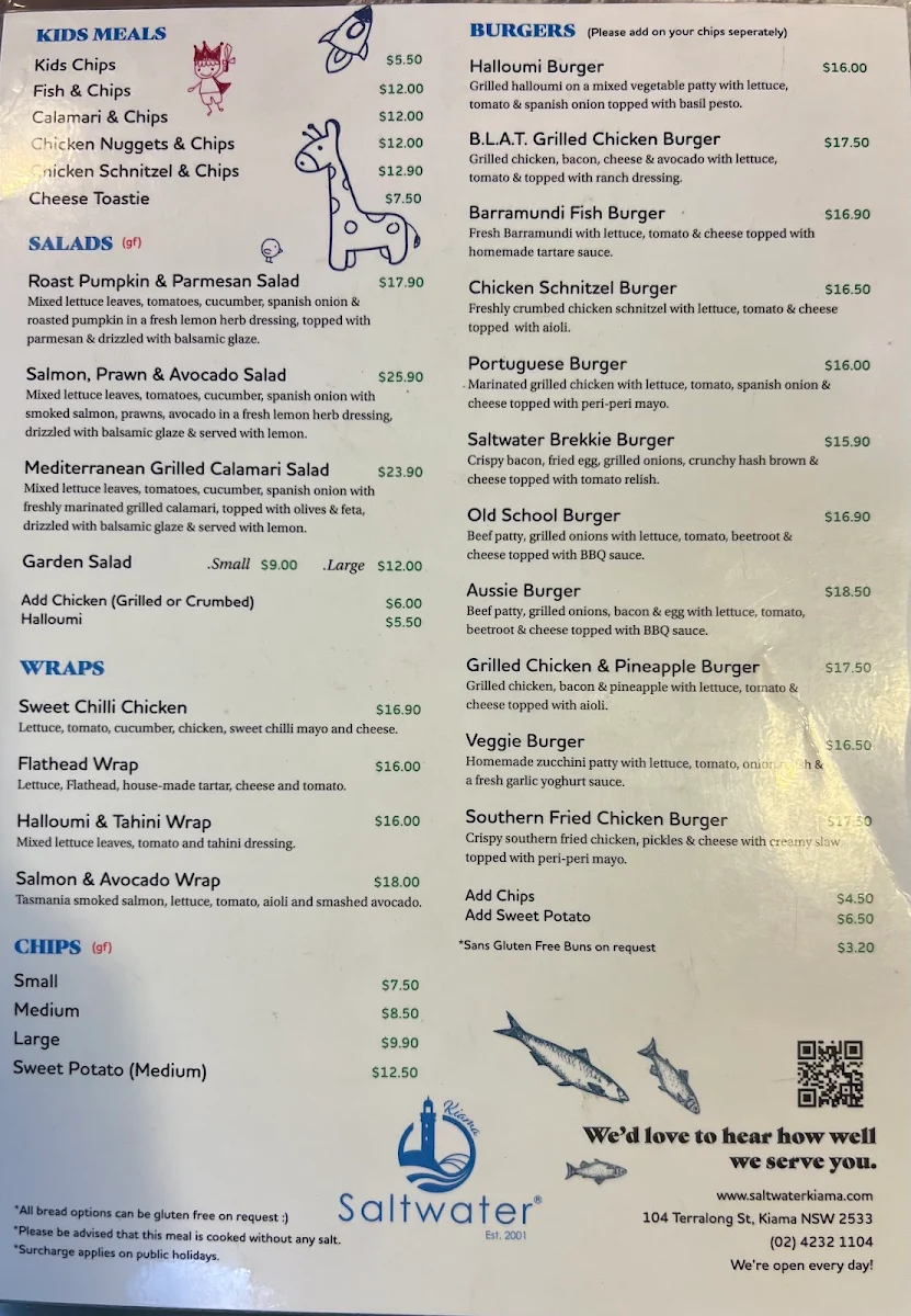 Menu, Saltwater Cafe