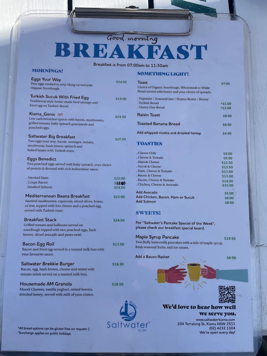 Menu, Saltwater Cafe