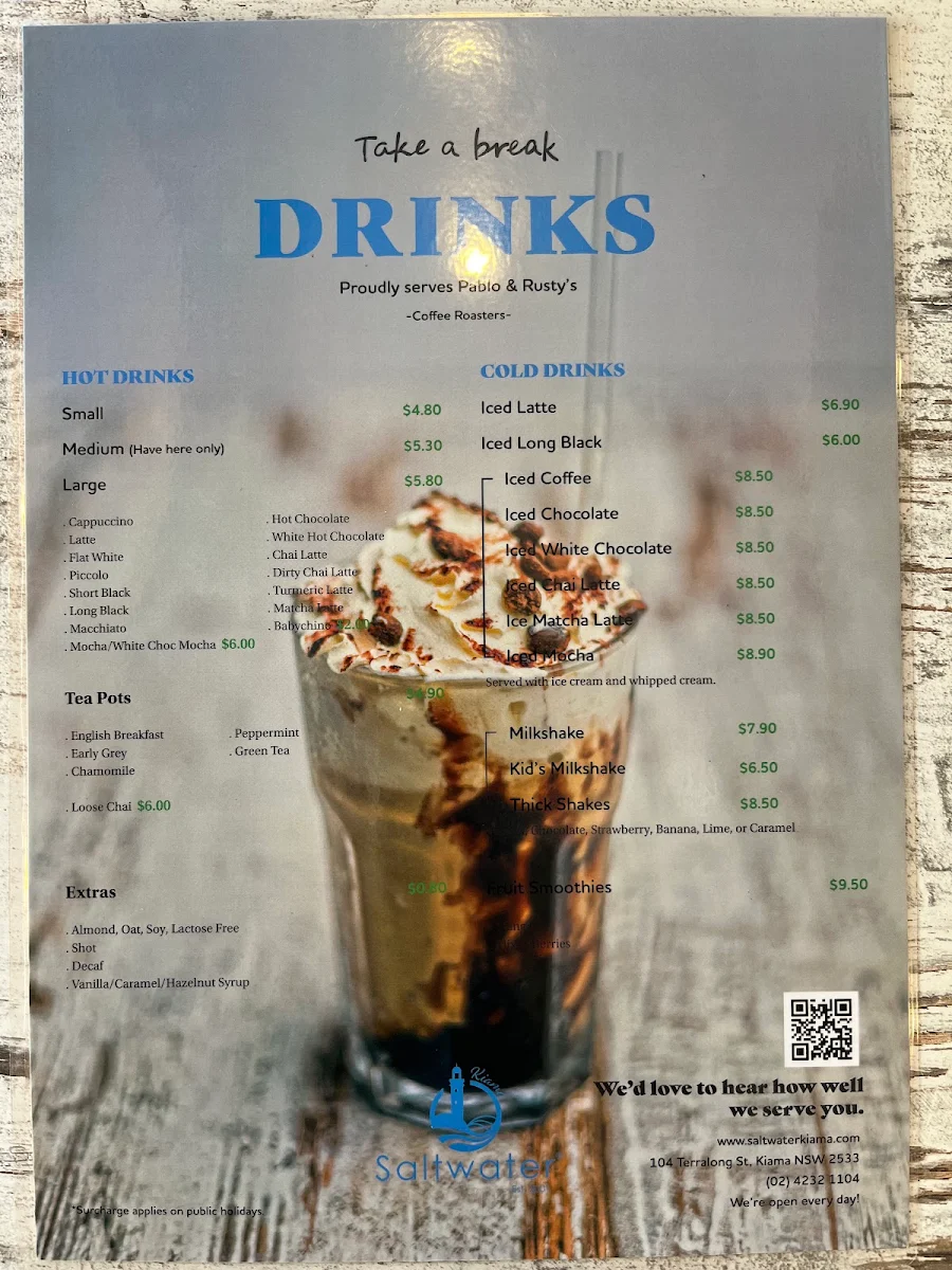 Menu, Saltwater Cafe