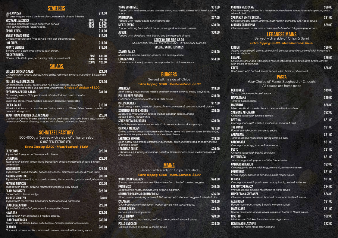 Menu, Speranza Woodfired Pizzeria