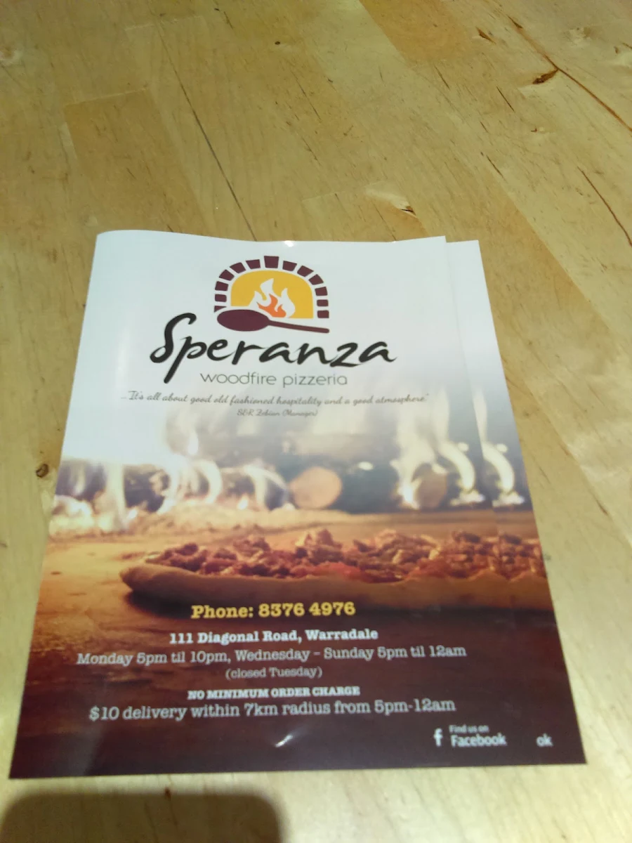 Menu, Speranza Woodfired Pizzeria