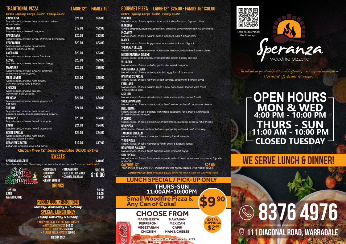 Menu, Speranza Woodfired Pizzeria