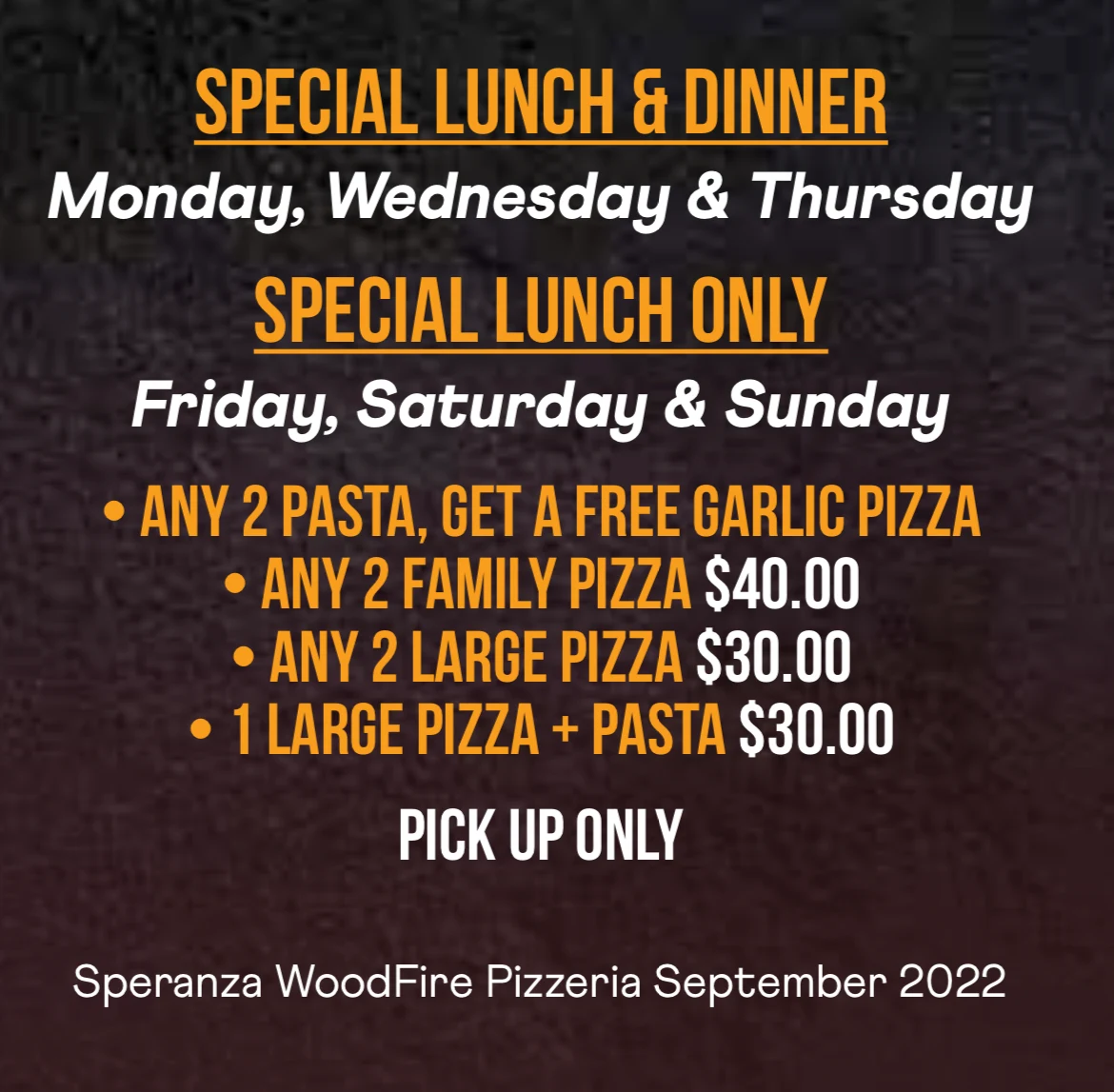Menu, Speranza Woodfired Pizzeria