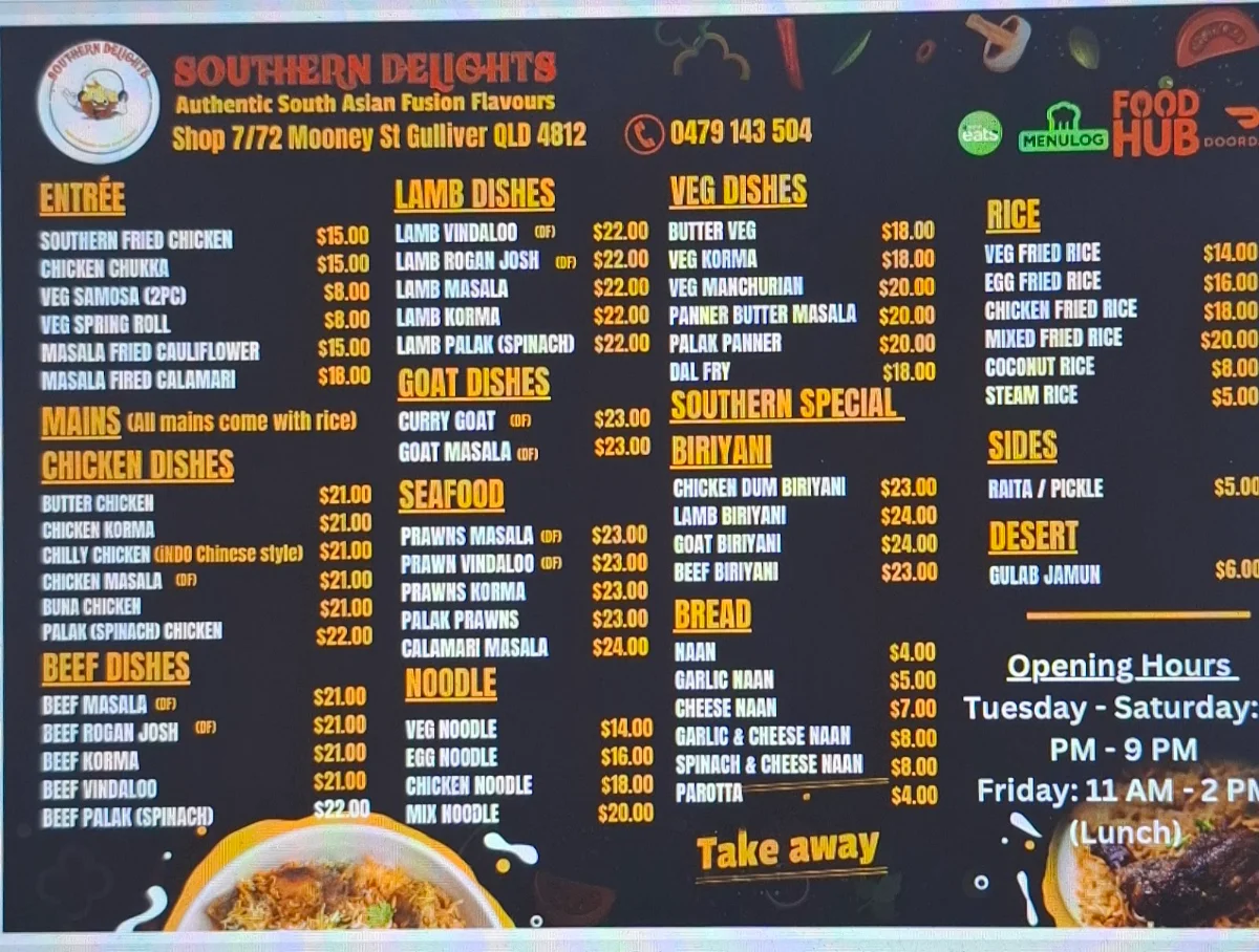 Menu, Southern Delights