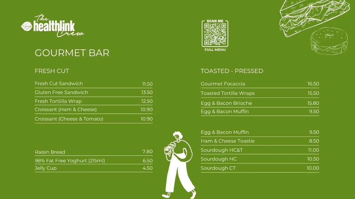 Menu, The Healthlink Crew - Aqualink Box Hill
