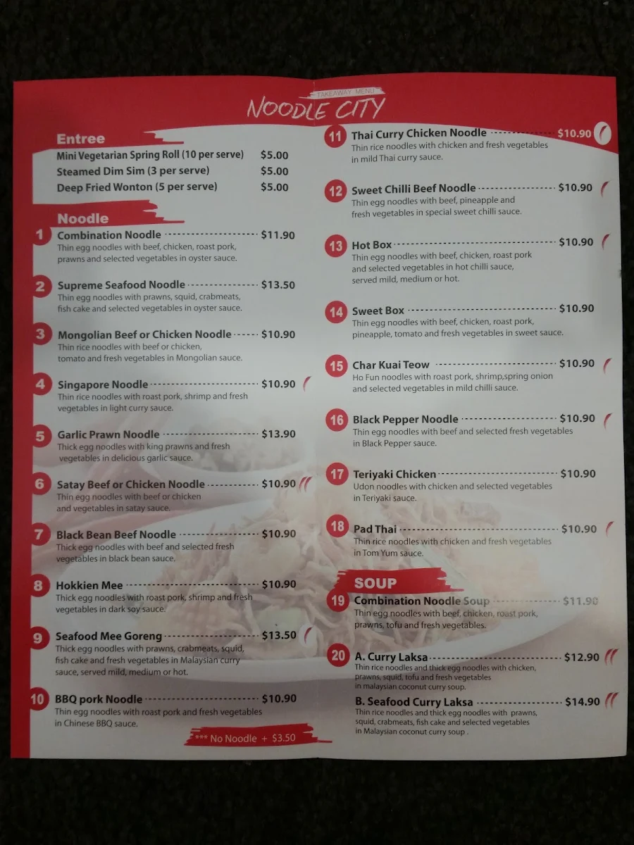 Menu, Noodle City