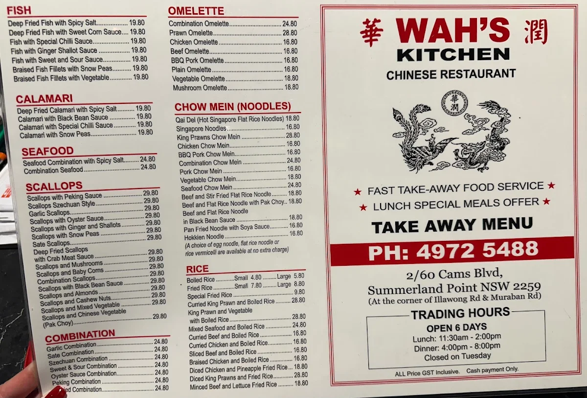 Menu, Wahs kitchen Chinese Restaurant - Summerland Point