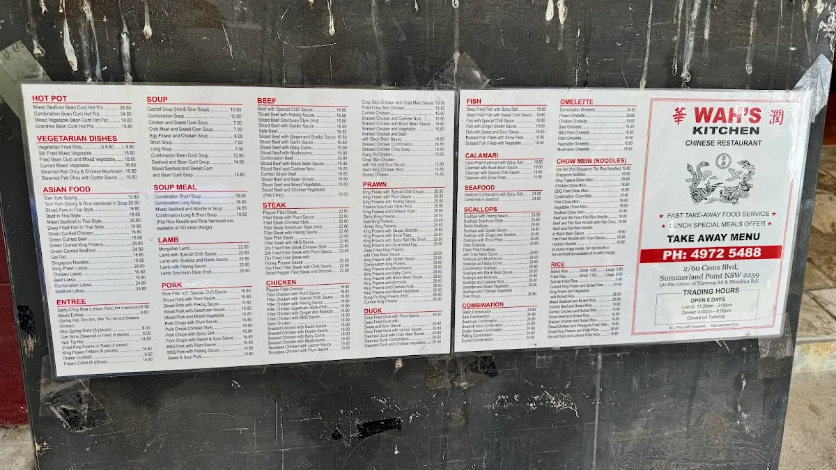 Menu, Wahs kitchen Chinese Restaurant - Summerland Point