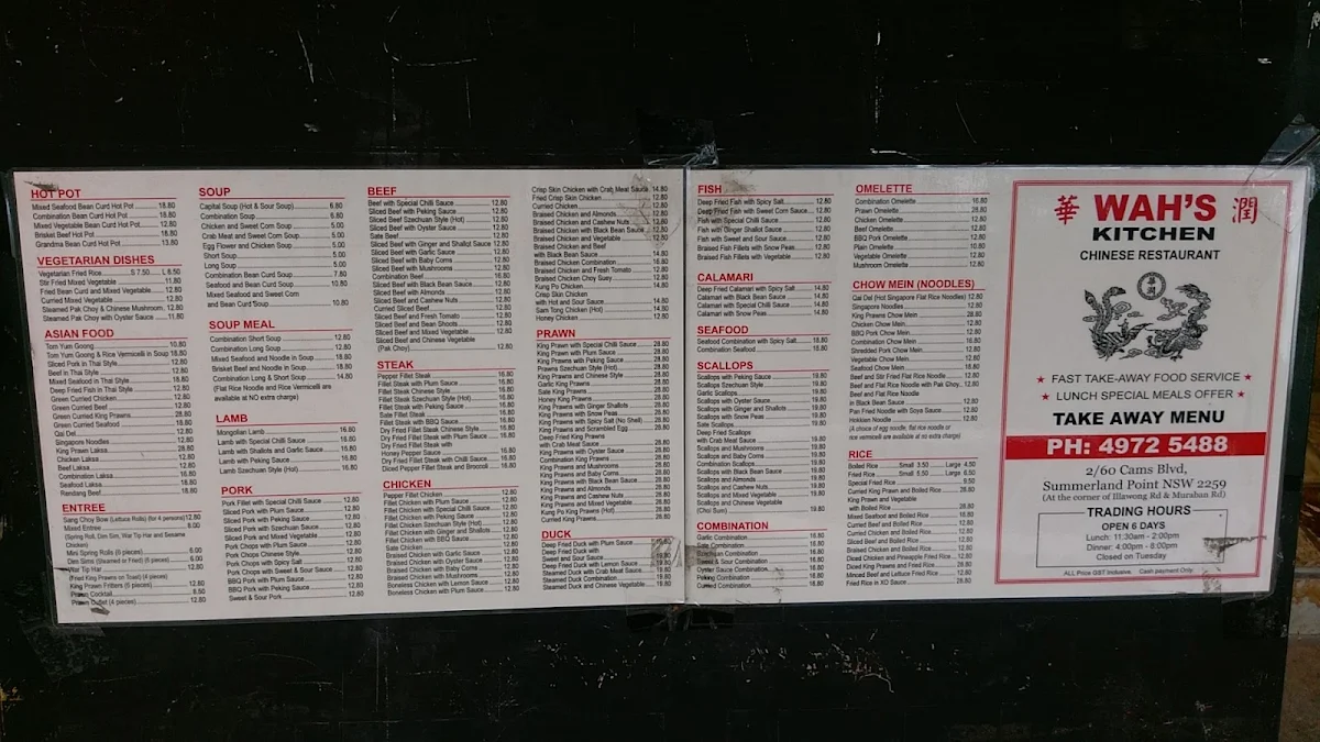 Menu, Wahs kitchen Chinese Restaurant - Summerland Point