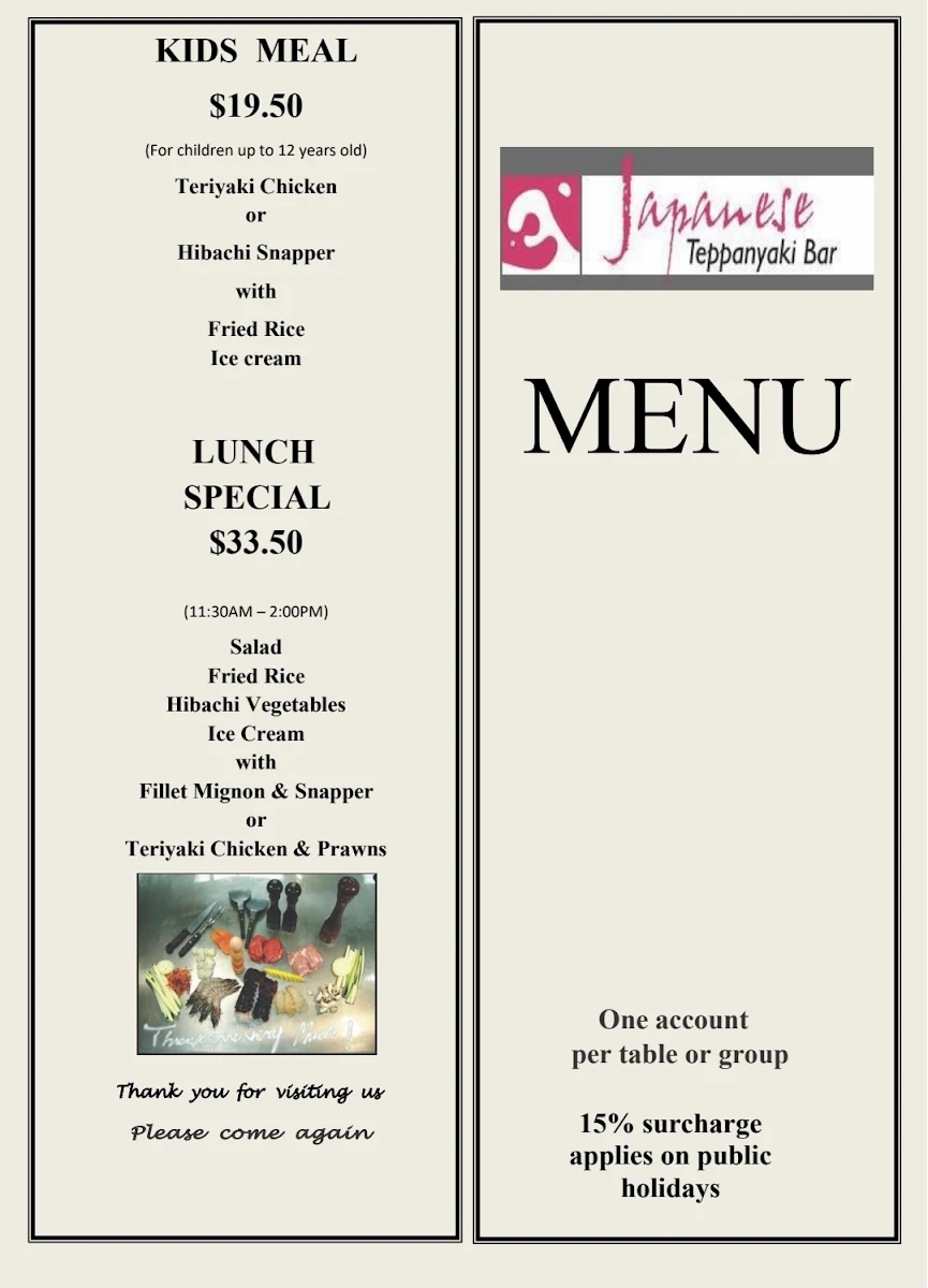 Menu, Japanese Teppanyaki Bar