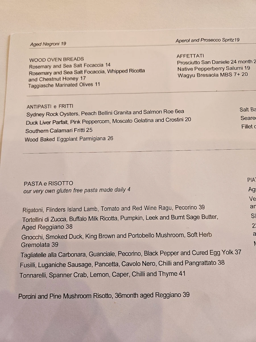 Menu, Mezzalira Italian Restaurant