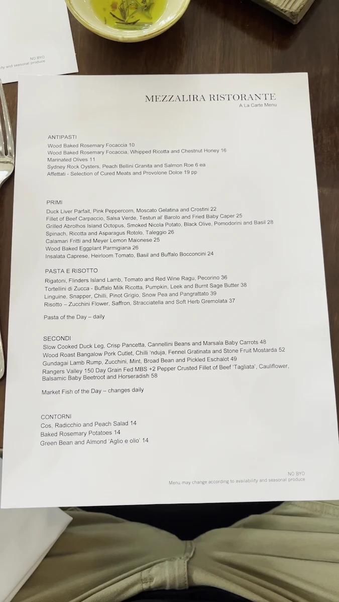 Menu, Mezzalira Italian Restaurant