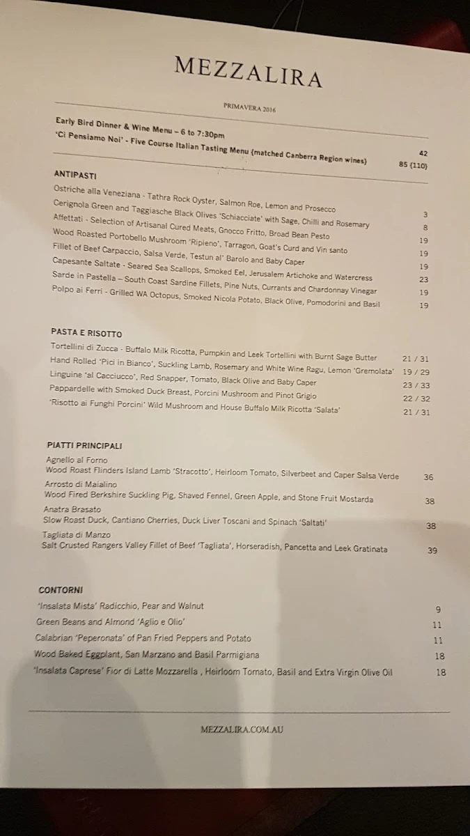 Menu, Mezzalira Italian Restaurant