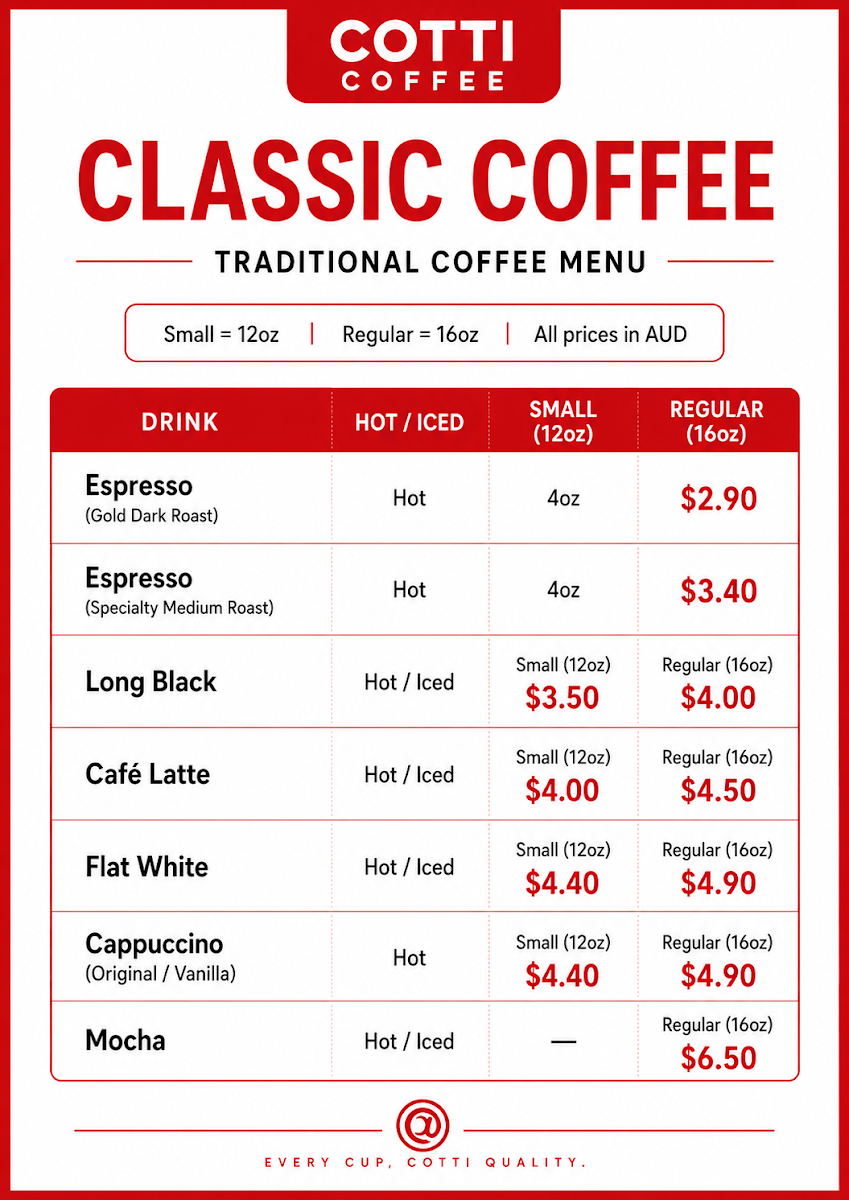 Menu, Cotti Coffee Hawthorn