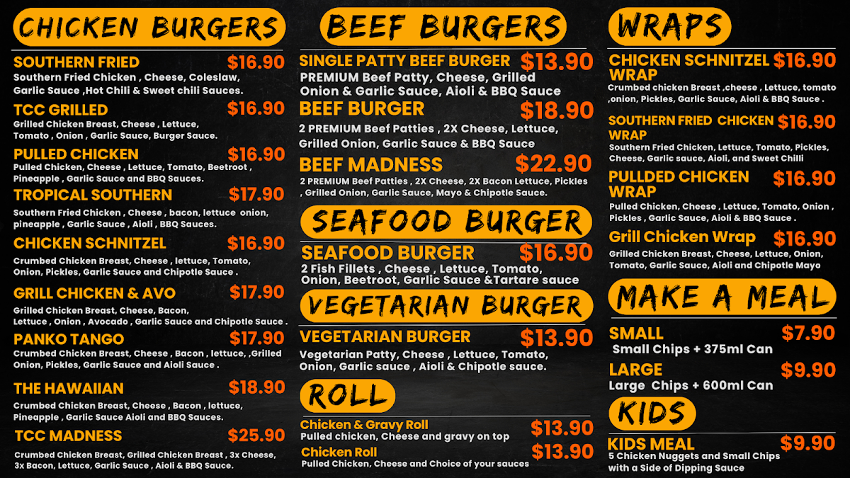Menu, Townsville Charcoal Chicken