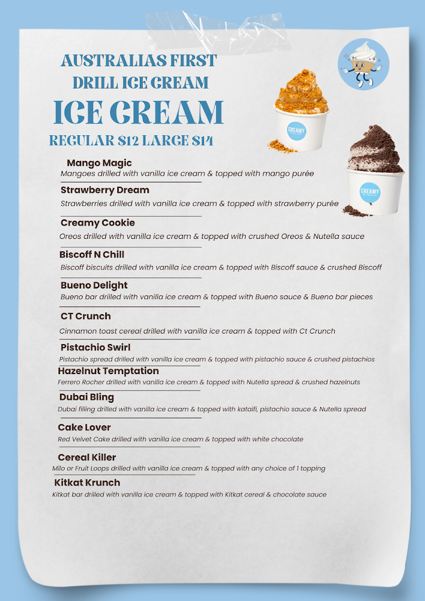 Menu, Creamy Dessert Bar
