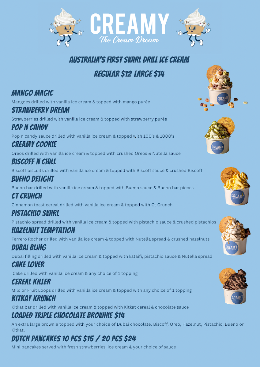 Menu, Creamy Dessert Bar