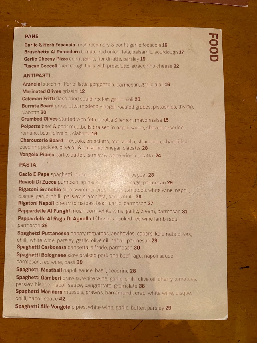 Menu, The Spaghetti House