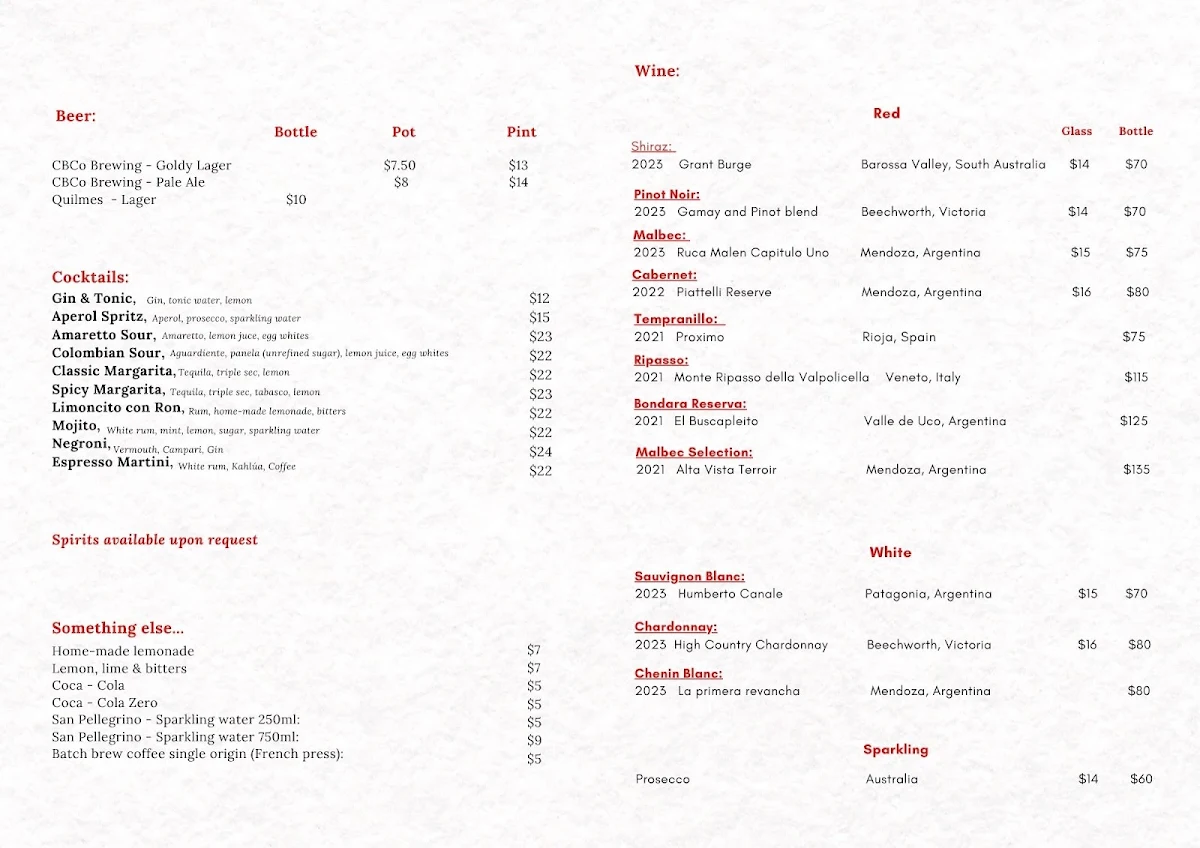 Menu, Berbeo Bar & Grill