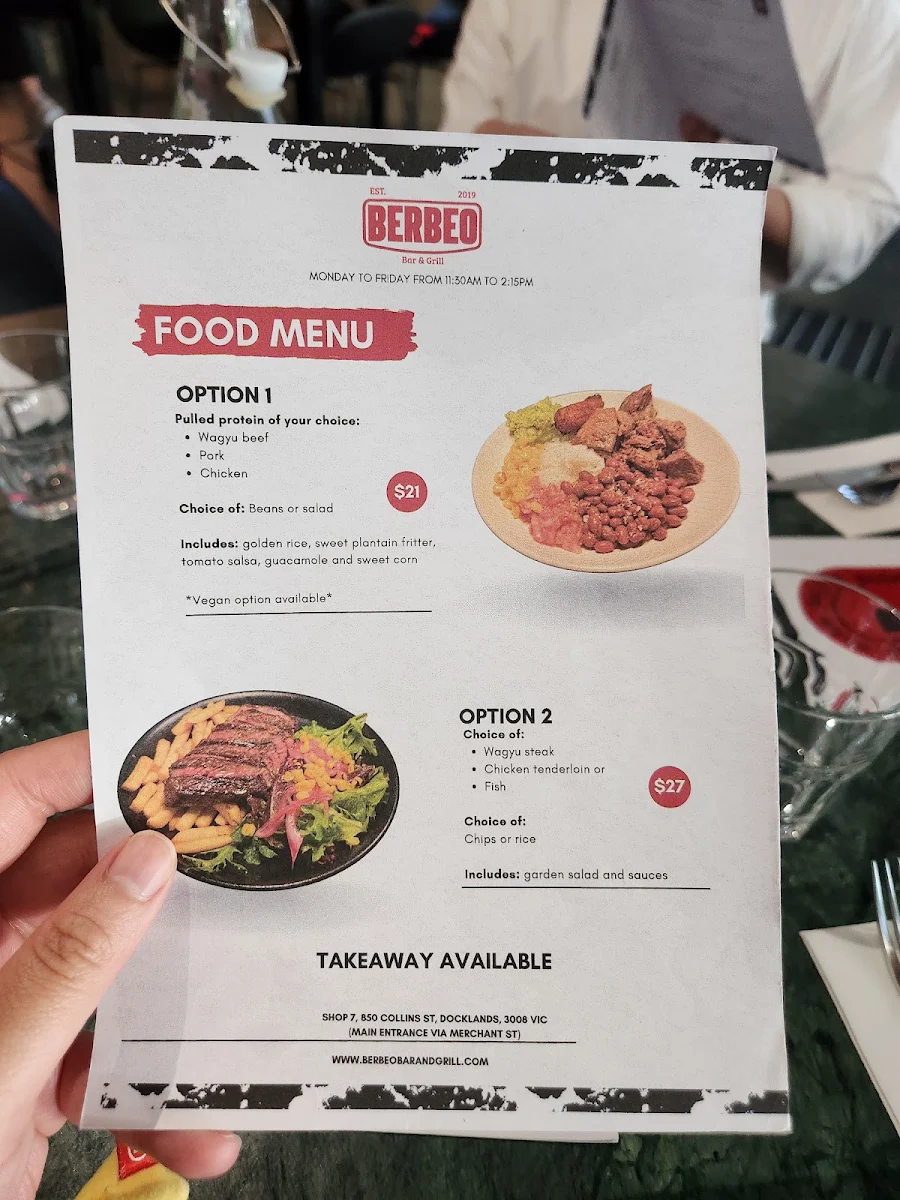 Menu, Berbeo Bar & Grill