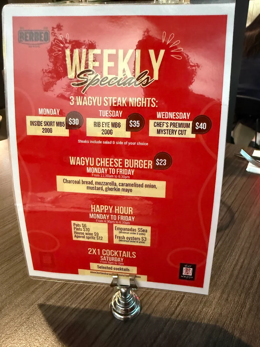 Menu, Berbeo Bar & Grill