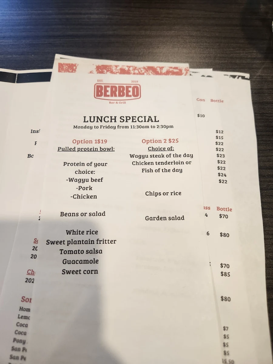 Menu, Berbeo Bar & Grill