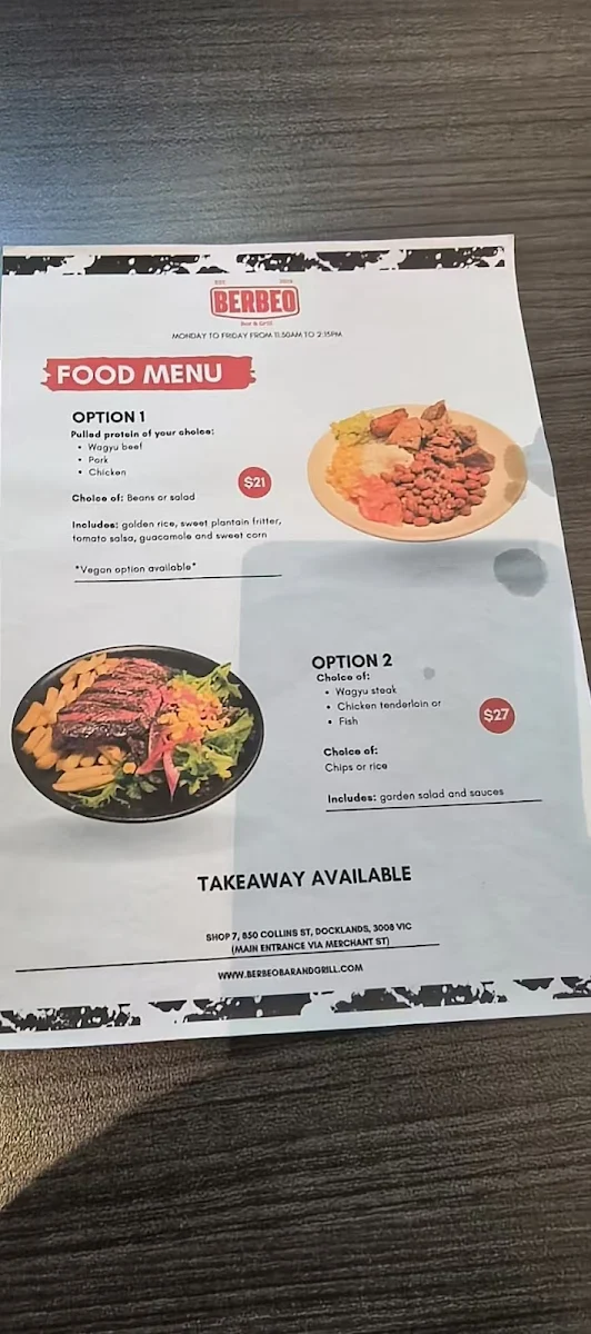 Menu, Berbeo Bar & Grill