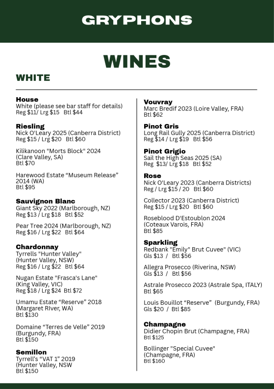 Menu, Gryphons Caffe & Bar