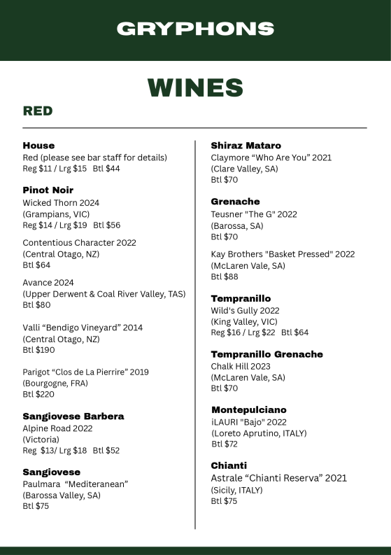 Menu, Gryphons Caffe & Bar