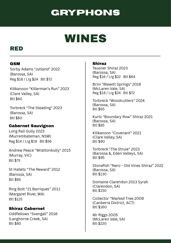 Menu, Gryphons Caffe & Bar