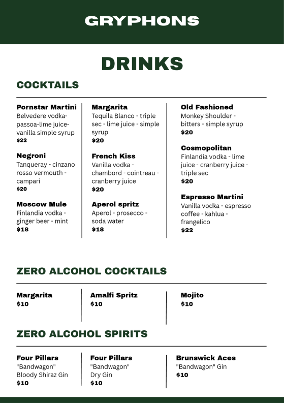Menu, Gryphons Caffe & Bar