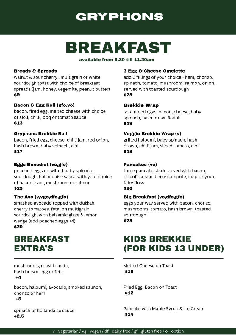 Menu, Gryphons Caffe & Bar