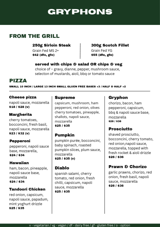 Menu, Gryphons Caffe & Bar