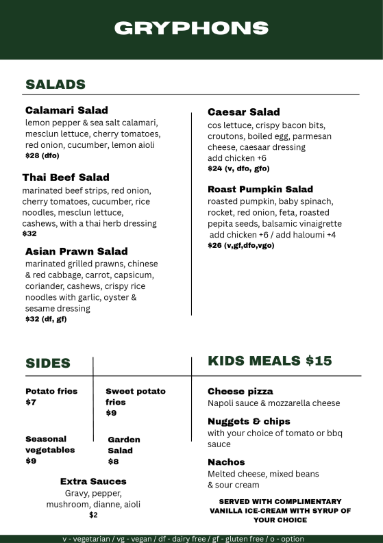 Menu, Gryphons Caffe & Bar