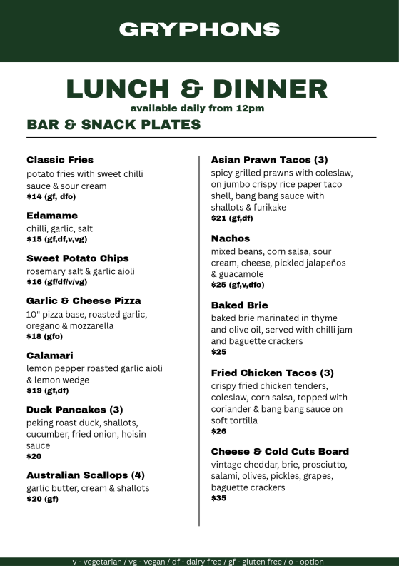 Menu, Gryphons Caffe & Bar