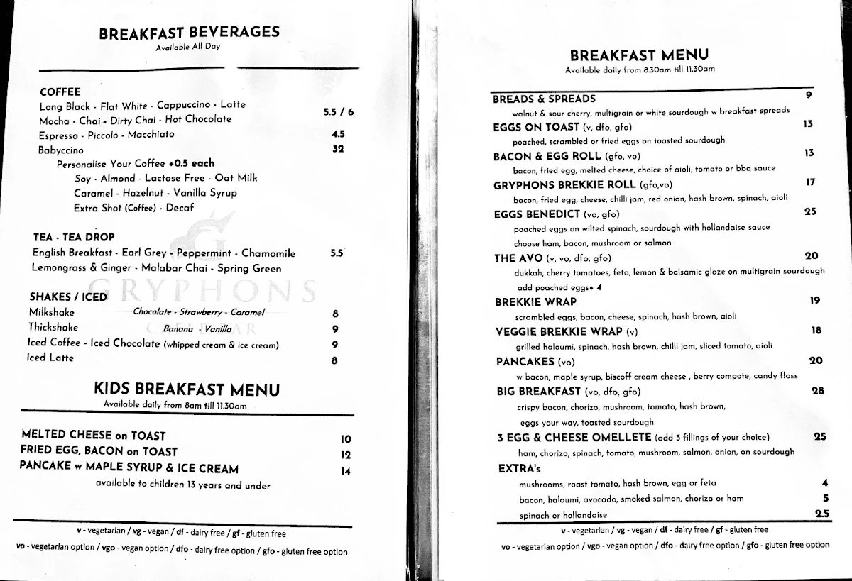 Menu, Gryphons Caffe & Bar