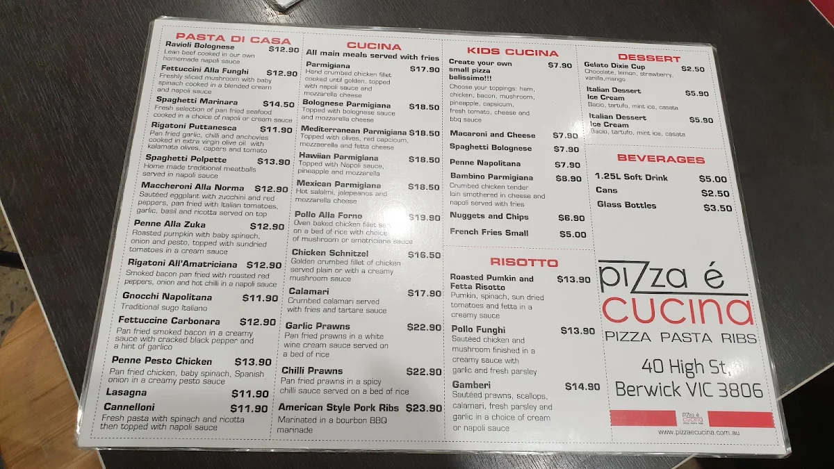 Menu, Pizza e Cucina