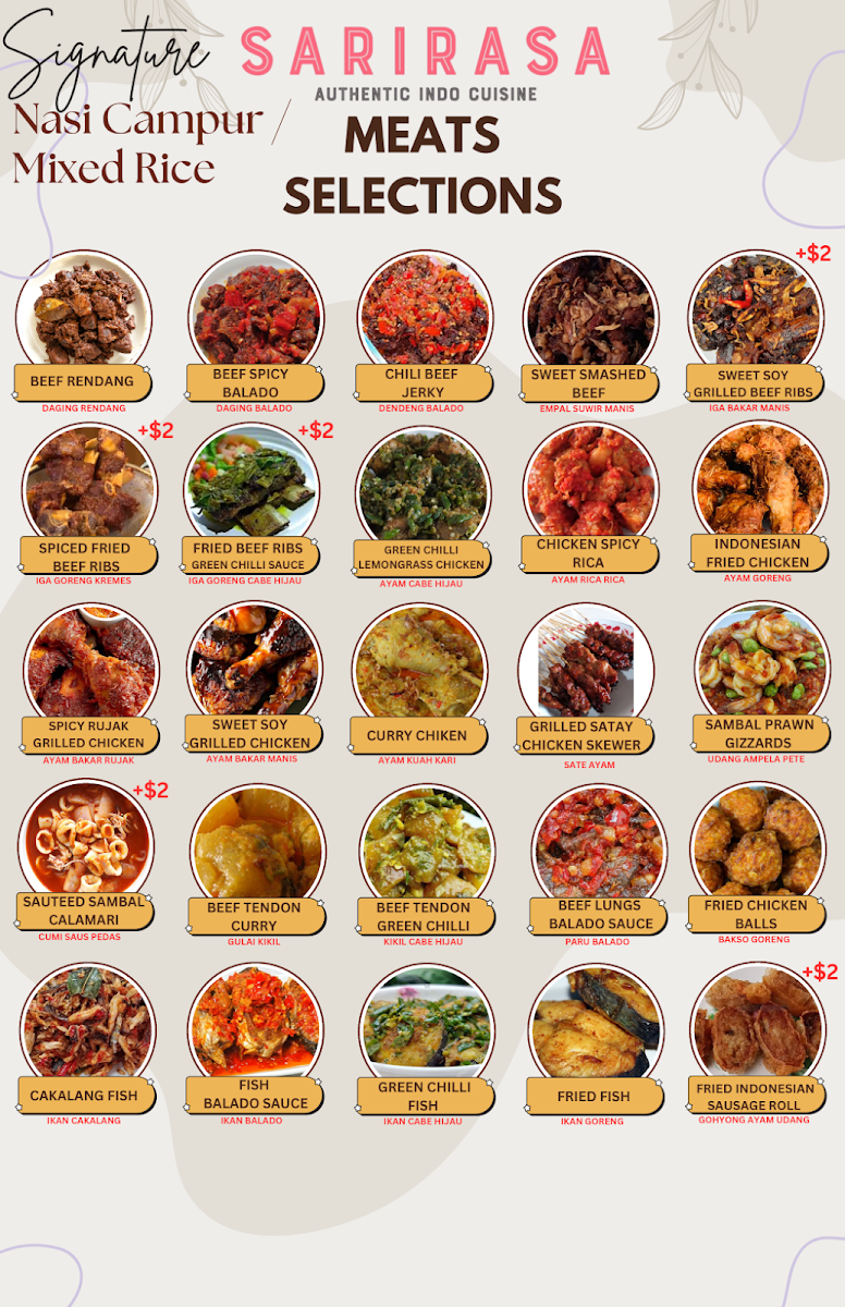 Menu, SARIRASA Indonesian Cuisine