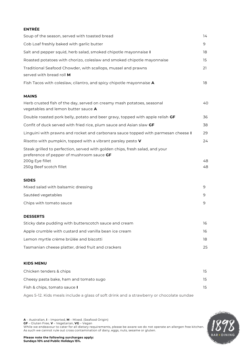 Menu, 1898 Bar + Dining
