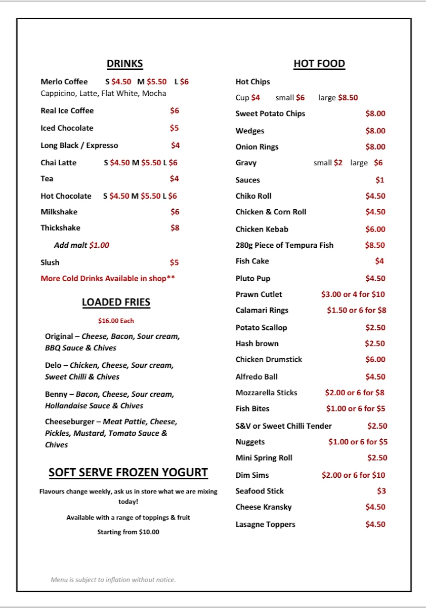 Menu, The Delo Café
