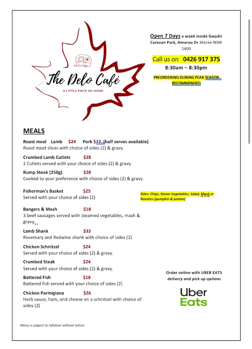 Menu, The Delo Café